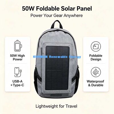 Cargador solar plegable portátil de 50W, energía solar para viajes amigable con la mochila