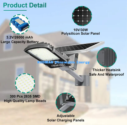 Luz Solar de Calle Impermeable IP65 de 300W con Modo de Detección de Movimiento y Panel Solar para Carreteras Urbanas