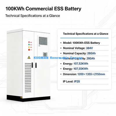 100KWh 384V LiFePO4 ESS Armario de almacenamiento de energía 280Ah Batería para granja solar y microrred comercial