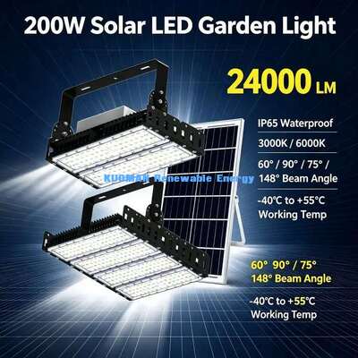 Foco solar LED ajustable de 60°/90° de 200W, IP65, para exteriores, jardín, estadio