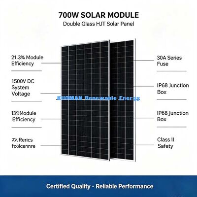 Panel fotovoltaico HJT de 700 W en el techo residencial, tecnología de células solares Premium de 16 barras