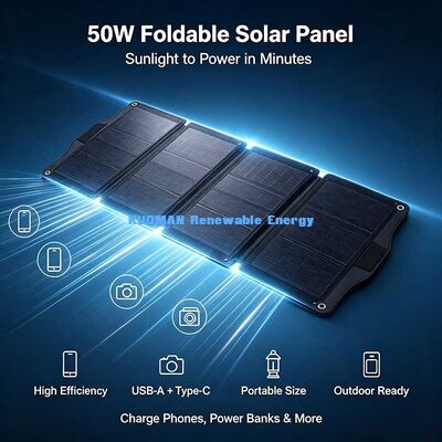 Panel solar plegable ligero de 50W, cargador solar fuera de la red para acampada al aire libre y RV