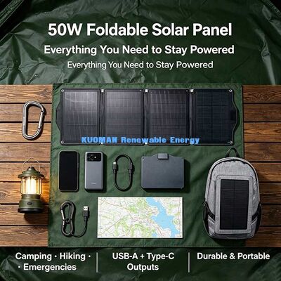 Panel de cargador solar plegable de ETFE de 50 W, energía solar portátil para acampar durante toda la temporada